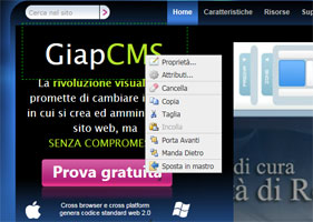 Editor pagina visuale, GiapCMS - menu contestuale